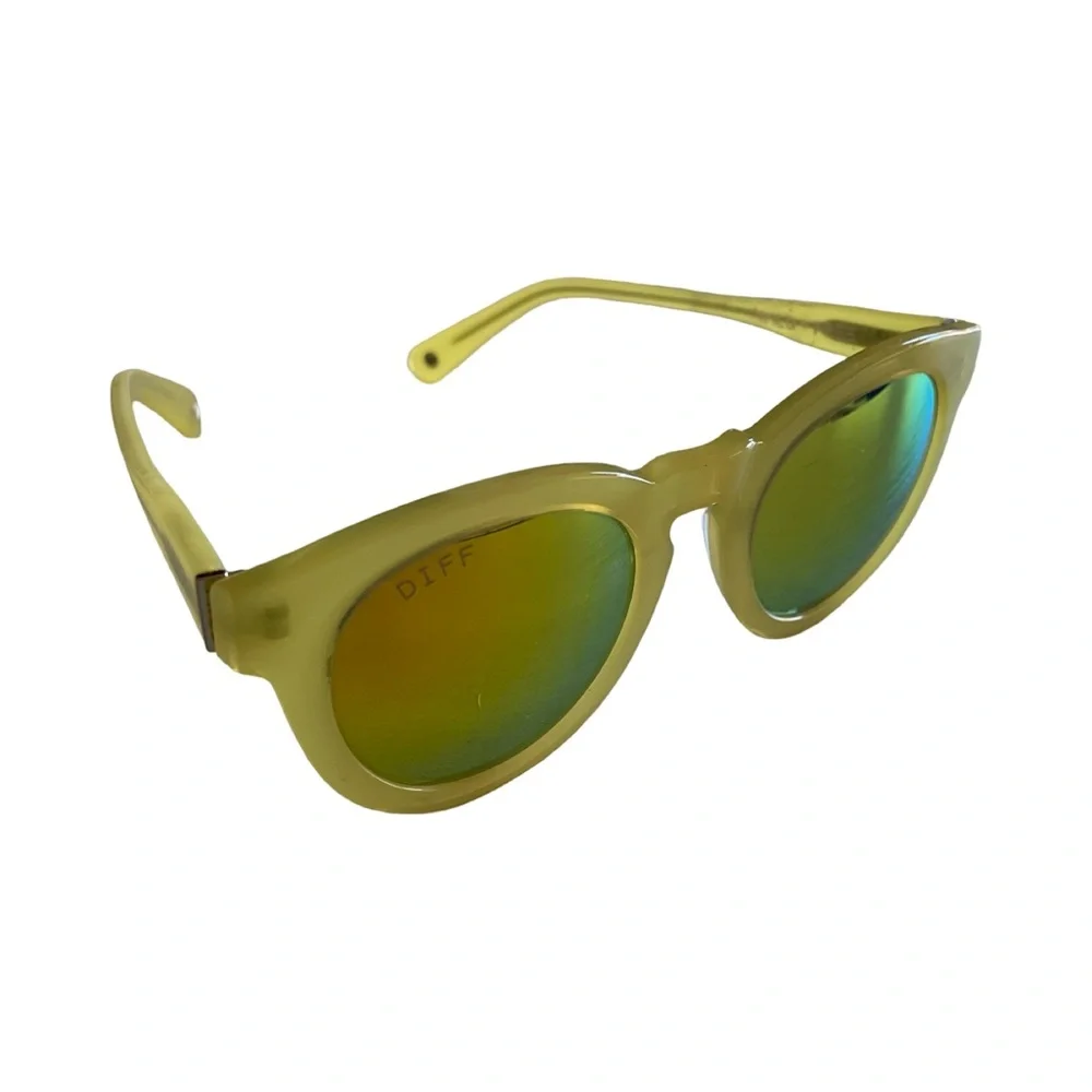 DIFF Eyewear Round Sunglasses Yellow Frame Mirrored Lens Retro Style